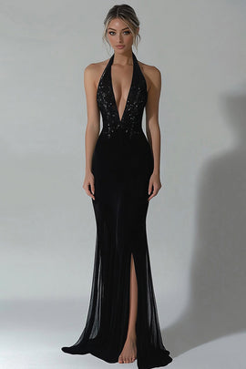 Zapakasa Women Black Halter Mermaid Long Formal Dress with Slit V-Neck Chiffon Gala Dress with Sequins Zapakasa Women Black Halter Mermaid Long Formal Dress with Slit V-Neck Chiffon Gala Dress with Sequins