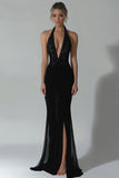 Black Halter Mermaid Formal Dress with Slit V-Neck Chiffon Evening Gala Dress with Sequins