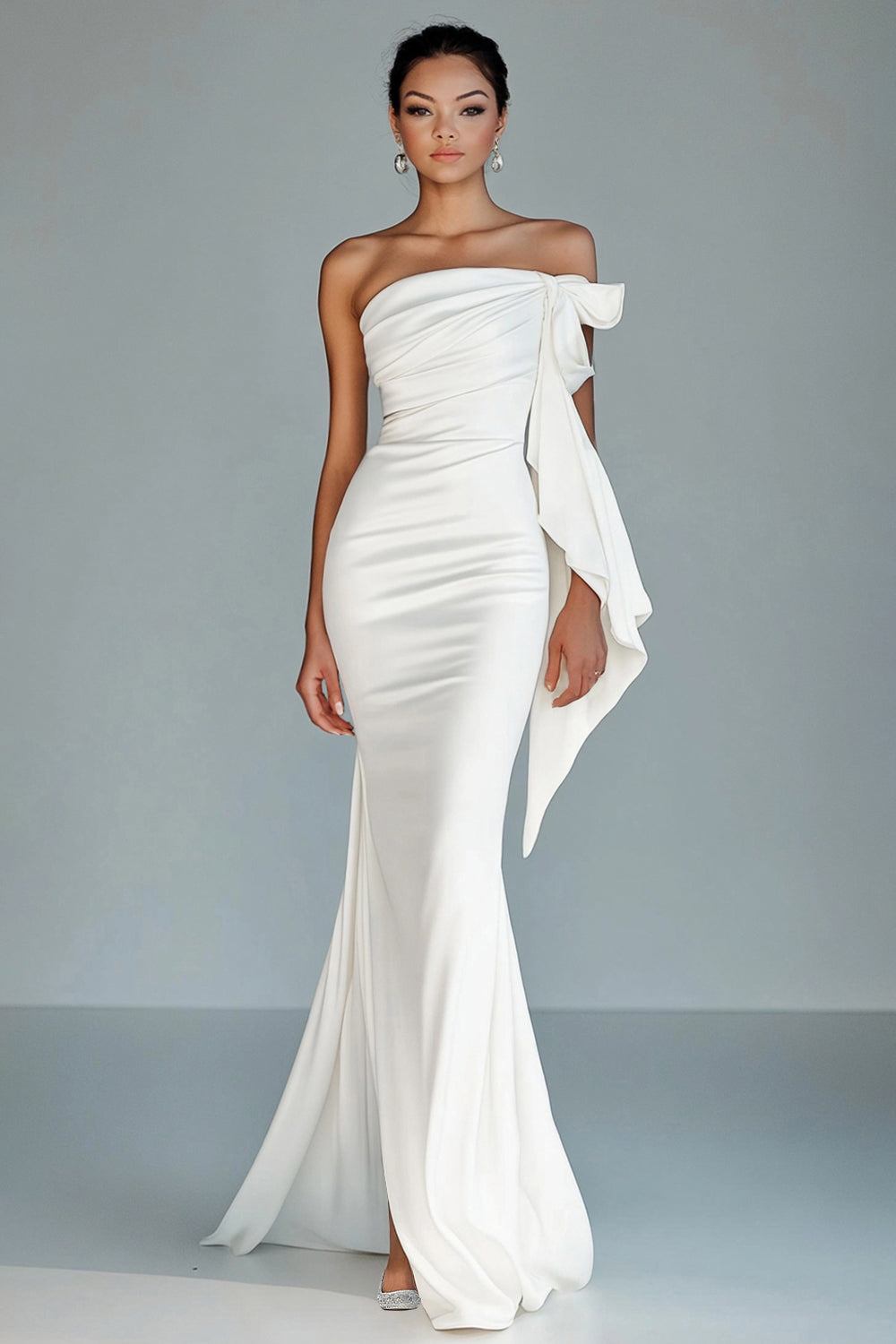 Zapaka Women White Strapless Mermaid Formal Dress Ruffled Maxi Gala Dress with Slit, White / US6 Zapaka Women White Strapless Mermaid Formal Dress Ruffled Maxi Gala Dress with Slit, White / US6