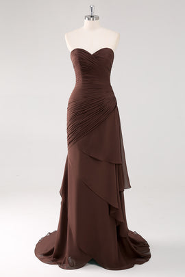 Dark Brown Sweetheart Ruched Long Formal Dress with Ruffles