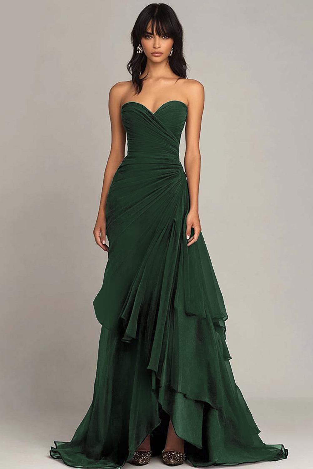 Zapaka Women Dark Green Sweetheart Ruffled Formal Wedding Guest Dress Ruched Black Tie Dress Strapless Mermaid Evening Dress
