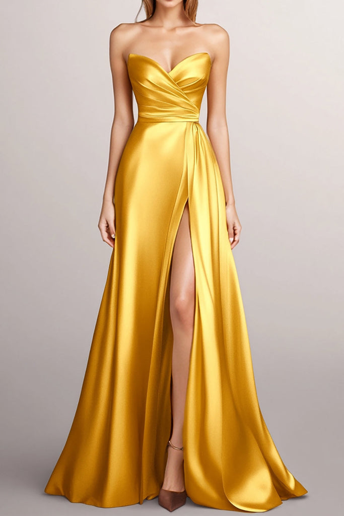 Chic Yellow Strapless Satin Long Prom Dress Formnal Party Dress cc2379