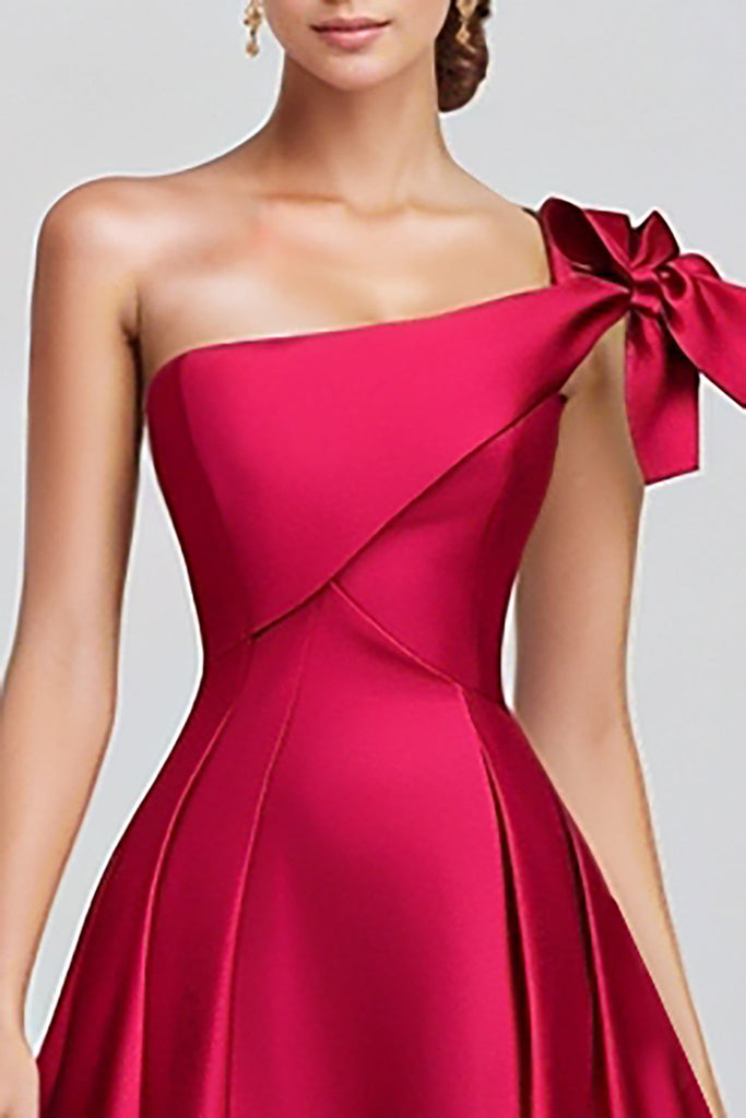 One Shoulder Orange and Fuchsia A-Line Pleated Maxi Dress with Bow