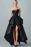 ZAPAKASA Women Sparkly Black High-Low Black Tie Dress A-Line Strapless 3D Flowers Ruffle Formal Wedding Guest Dress
