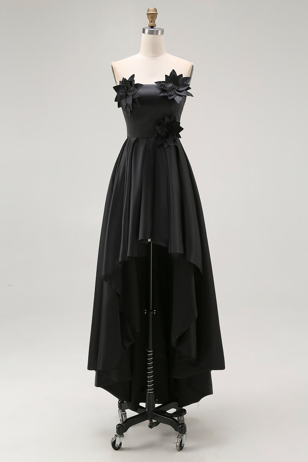 Black A-Line Strapless Ruffled Satin High-Low Formal Dress with 3D Flowers