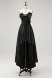 Black A-Line Strapless Ruffled Satin High-Low Formal Dress with 3D Flowers