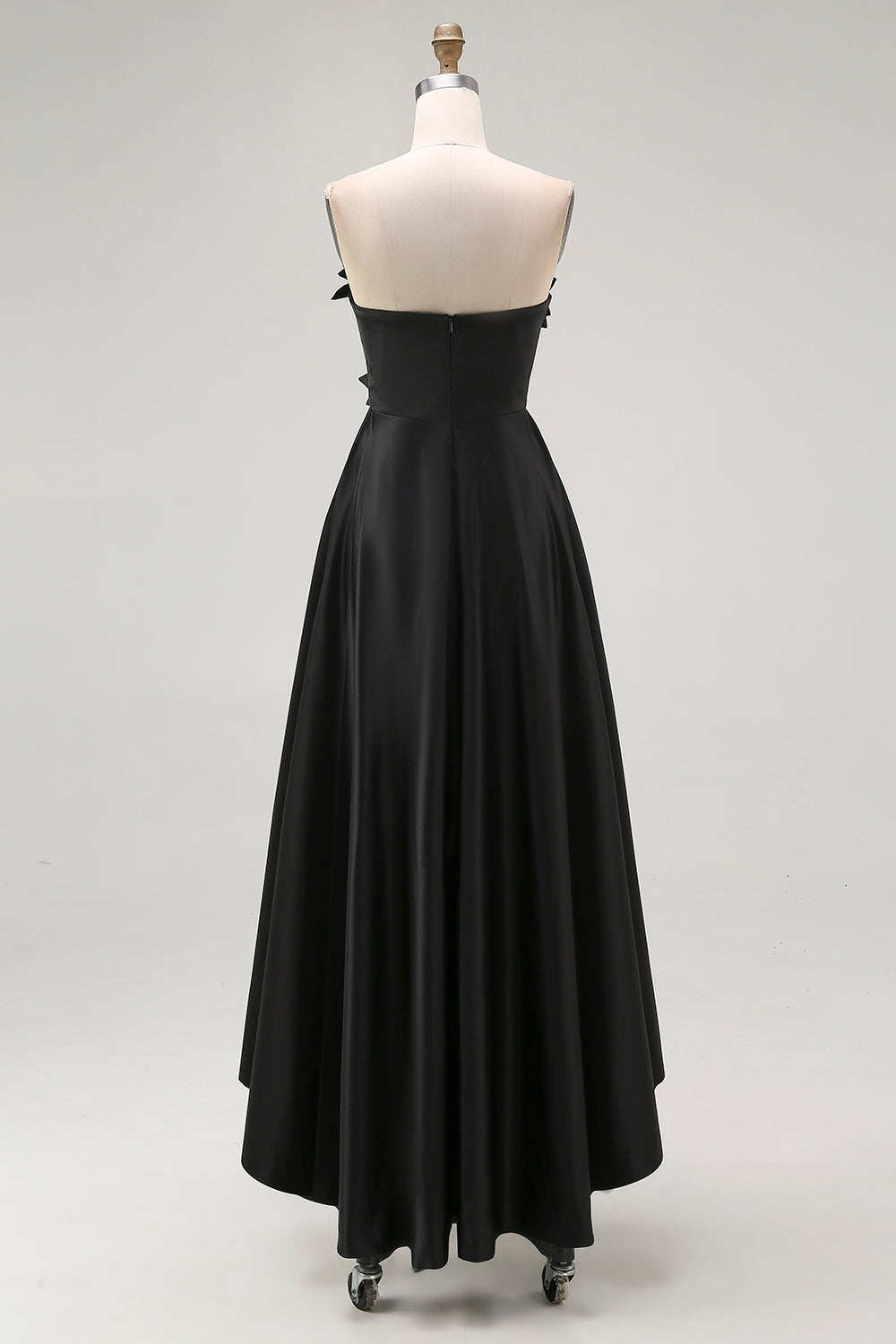 Black A-Line Strapless Ruffled Satin High-Low Formal Dress with 3D Flowers