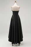 Black A-Line Strapless Ruffled Satin High-Low Formal Dress with 3D Flowers