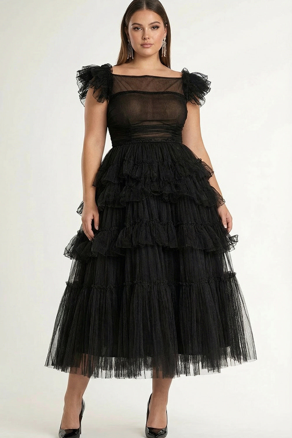 Plus Size Black A-Line Flatter Sleeves Ruffles Tulle Tea Length Formal Dress