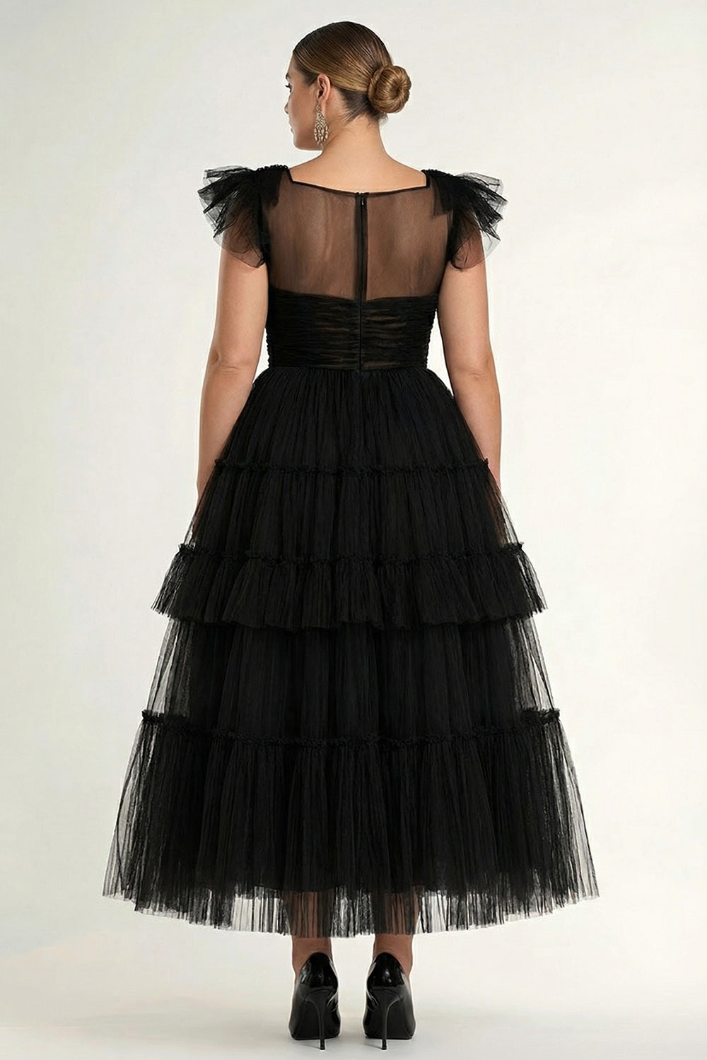 Plus Size Black A-Line Flatter Sleeves Ruffles Tulle Tea Length Formal Dress