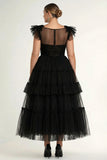 Plus Size Black A-Line Flatter Sleeves Ruffles Tulle Tea Length Formal Dress