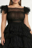 Plus Size Black A-Line Flatter Sleeves Ruffles Tulle Tea Length Formal Dress