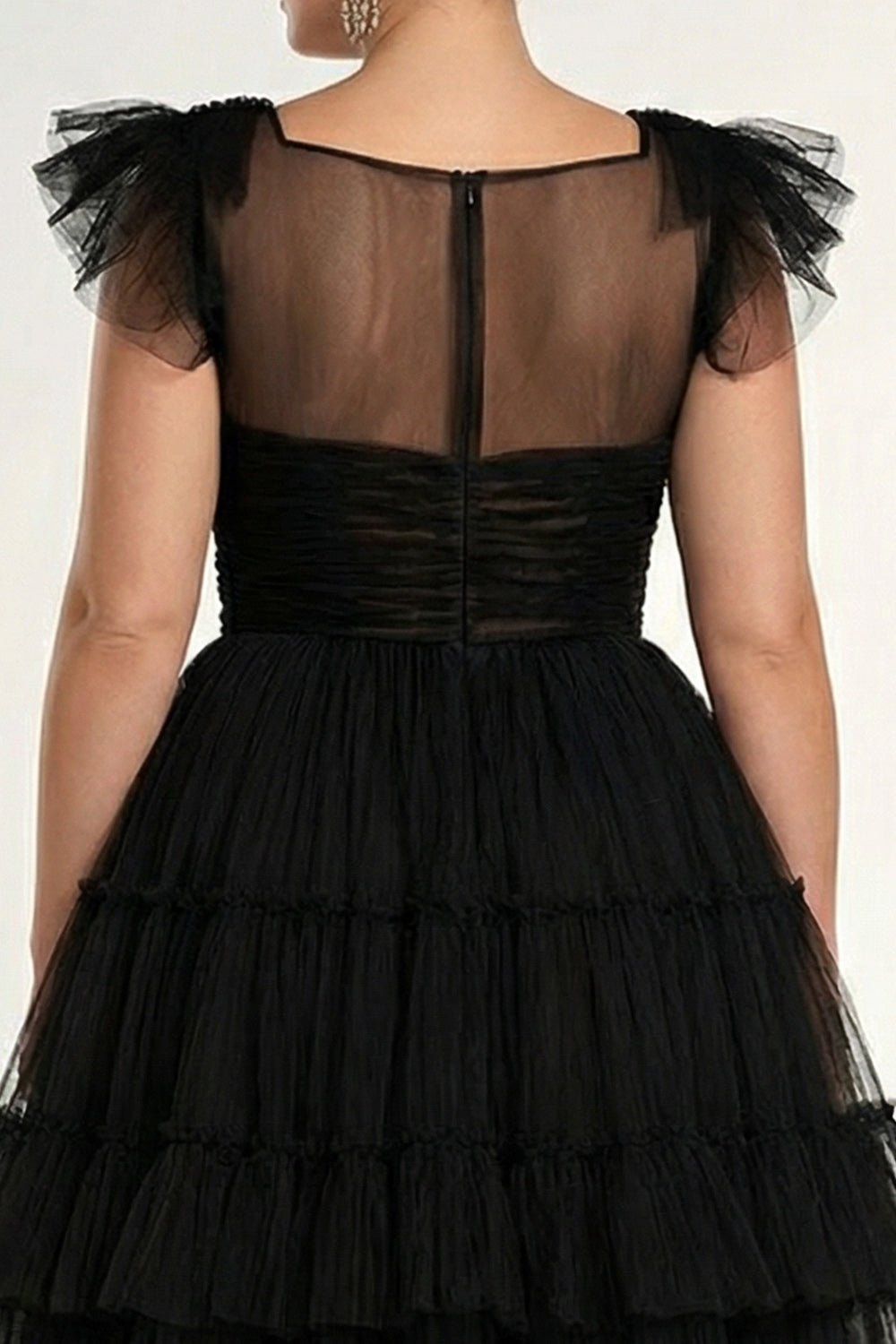 Plus Size Black A-Line Flatter Sleeves Ruffles Tulle Tea Length Formal Dress