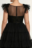 Plus Size Black A-Line Flatter Sleeves Ruffles Tulle Tea Length Formal Dress