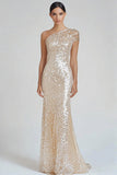 Sparkly Champagne Formal Dress Mermaid One Shoulder Party Dress with Sequins