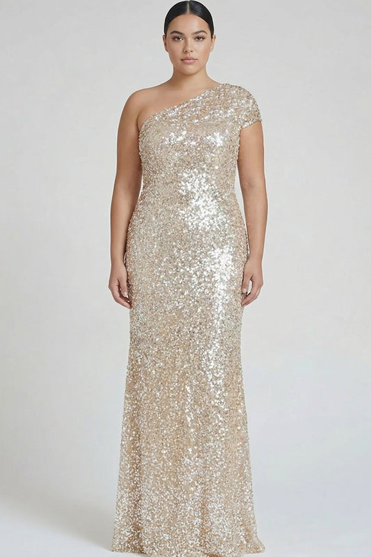 Plus Size Sparkly Champagne One Shoulder Mermaid Long Formal Dress with Sequins