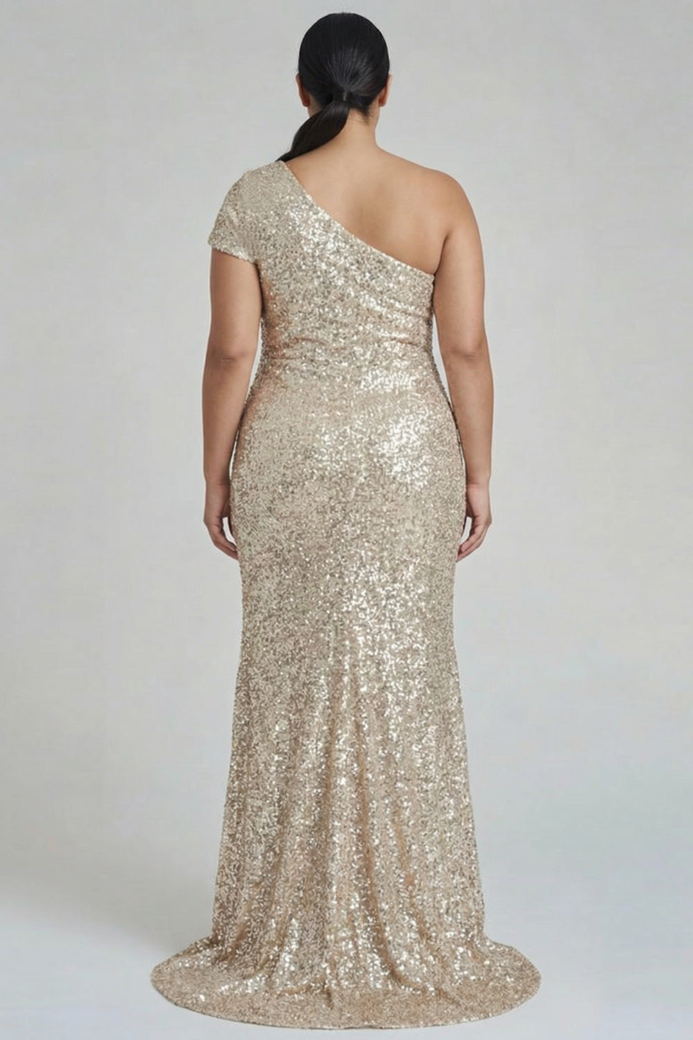 Plus Size Sparkly Champagne One Shoulder Mermaid Long Formal Dress with Sequins