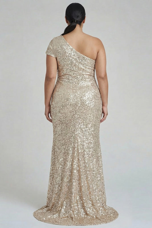 Plus Size Sparkly Champagne One Shoulder Mermaid Long Formal Dress with Sequins