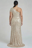 Plus Size Sparkly Champagne One Shoulder Mermaid Long Formal Dress with Sequins
