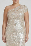 Plus Size Sparkly Champagne One Shoulder Mermaid Long Formal Dress with Sequins