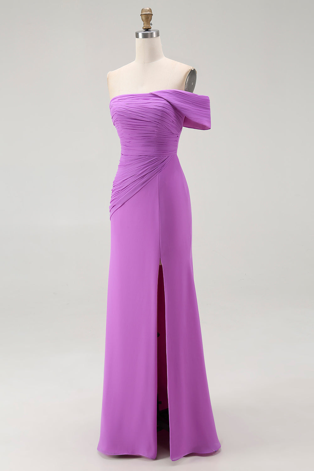Purple One Shoulder Ruched Mermaid Long Formal Dress with Slit