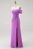 Purple One Shoulder Ruched Mermaid Long Formal Dress with Slit