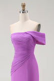 Purple One Shoulder Ruched Mermaid Long Formal Dress with Slit