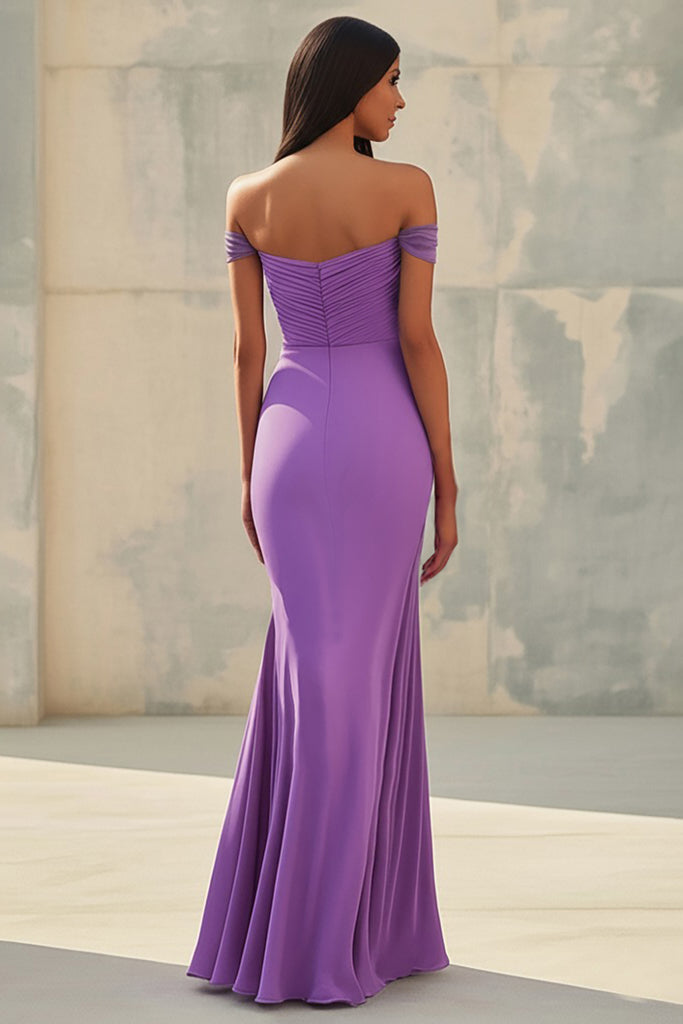 Off Shoulder Purple Mermaid Long Formal Dress with Slit