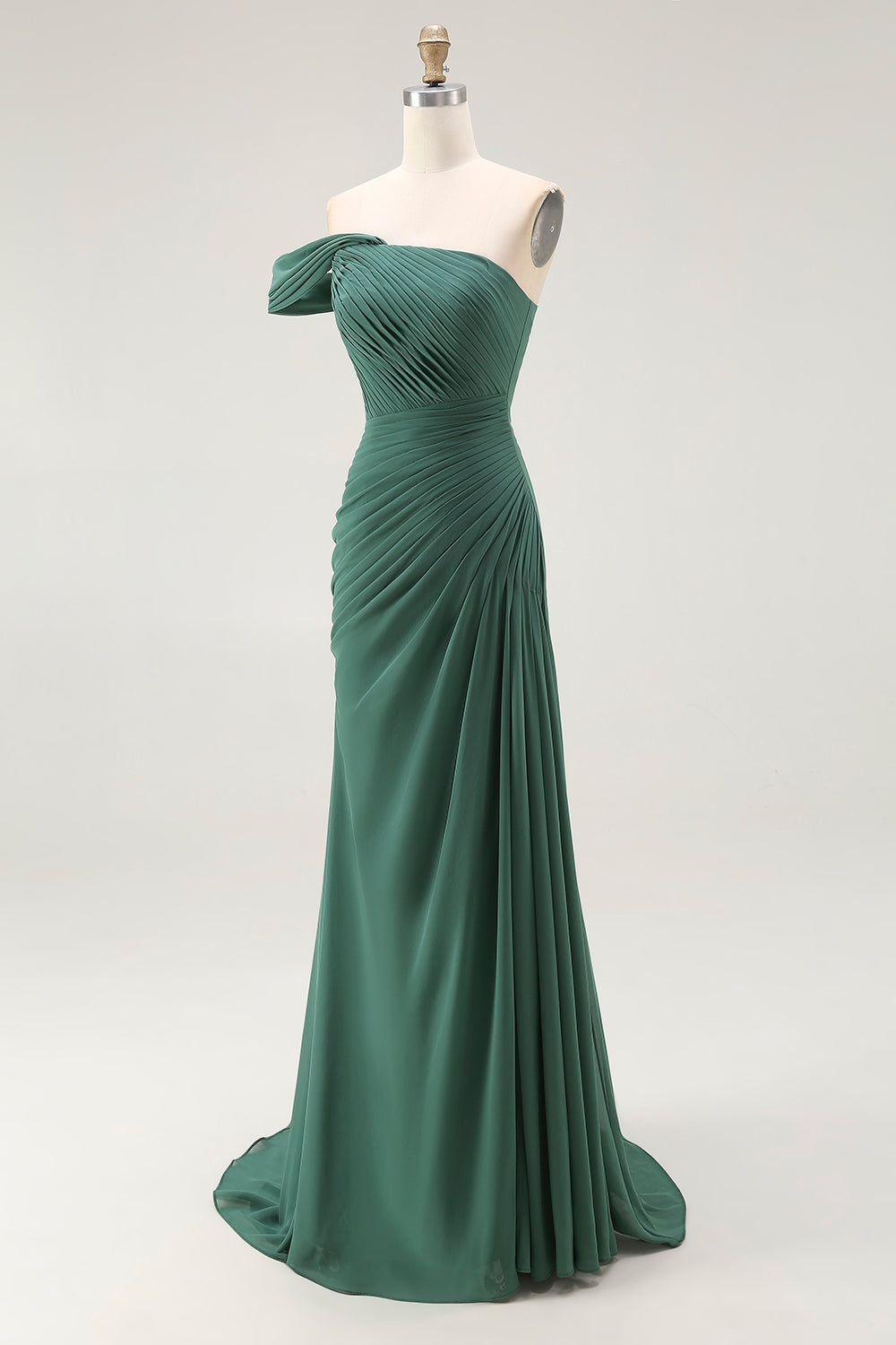 Dark Green Ruched One Shoulder Mermaid Long Formal Dress
