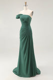 Dark Green Ruched One Shoulder Mermaid Long Formal Dress