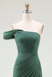 Dark Green Ruched One Shoulder Mermaid Long Formal Dress