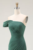Dark Green Ruched One Shoulder Mermaid Long Formal Dress