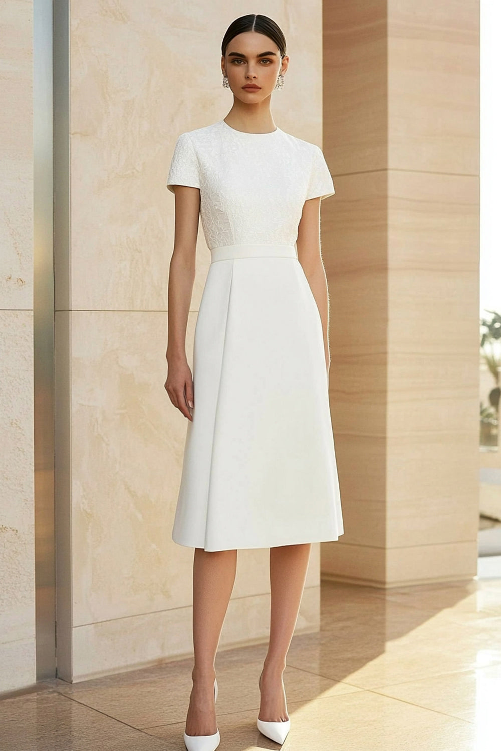 ZAPAKASA Women White Formal Dress Round Neck Fitted Straight Pencil Midi Party Dress ZAPAKASA Women White Formal Dress Round Neck Fitted Straight Pencil Midi Party Dress
