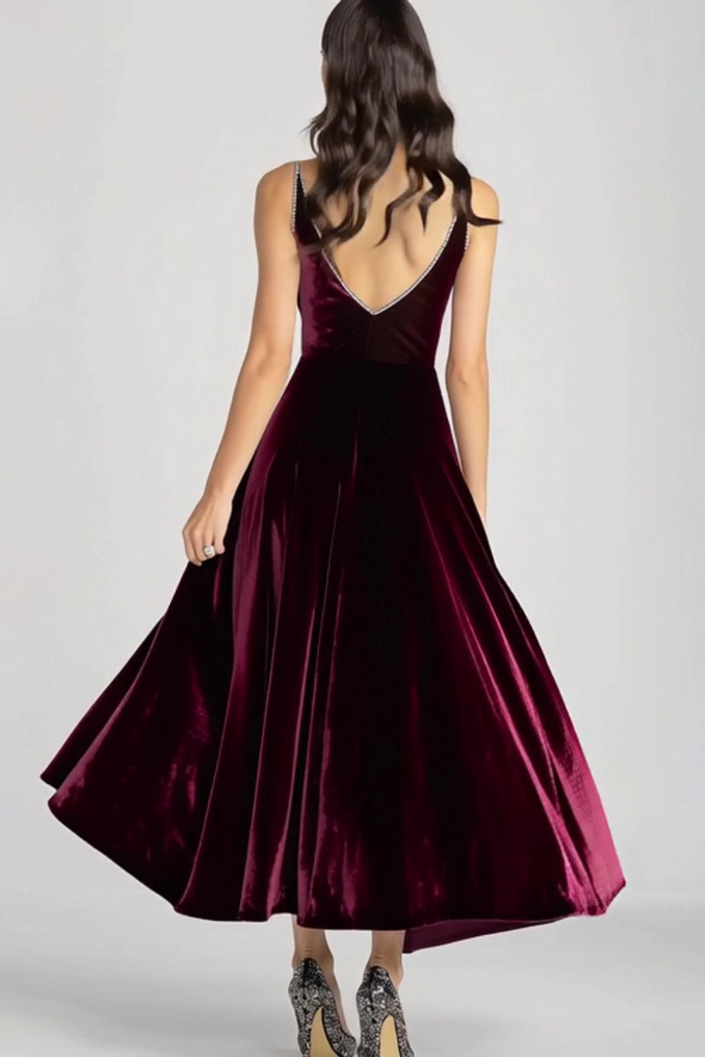 Burgundy Spaghetti Straps V Neck Velvet Formal Dress