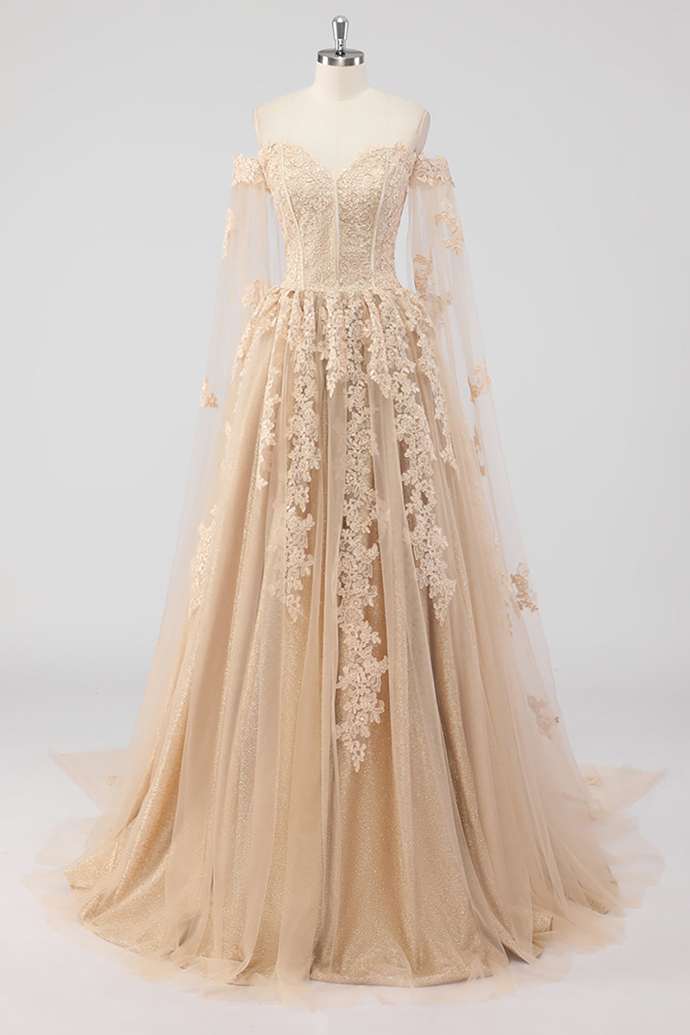 Princess Corset Champagne Appliqued Ball Gown Quinceanera Dress with Sleeves