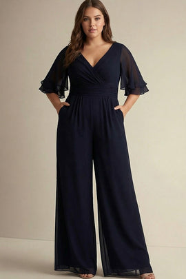 Plus Size Navy Chiffon V-Neck Half Sleeves Mother of the Bride Jumpsuits