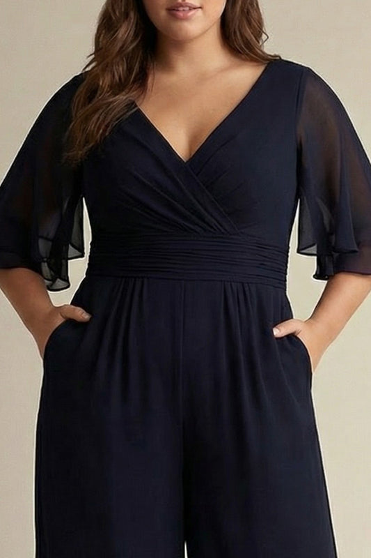 Plus Size Navy Chiffon V-Neck Half Sleeves Mother of the Bride Jumpsuits