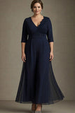 Plus Size Navy Chiffon V-Neck Half Sleeves Mother of the Bride Dress with Appliques
