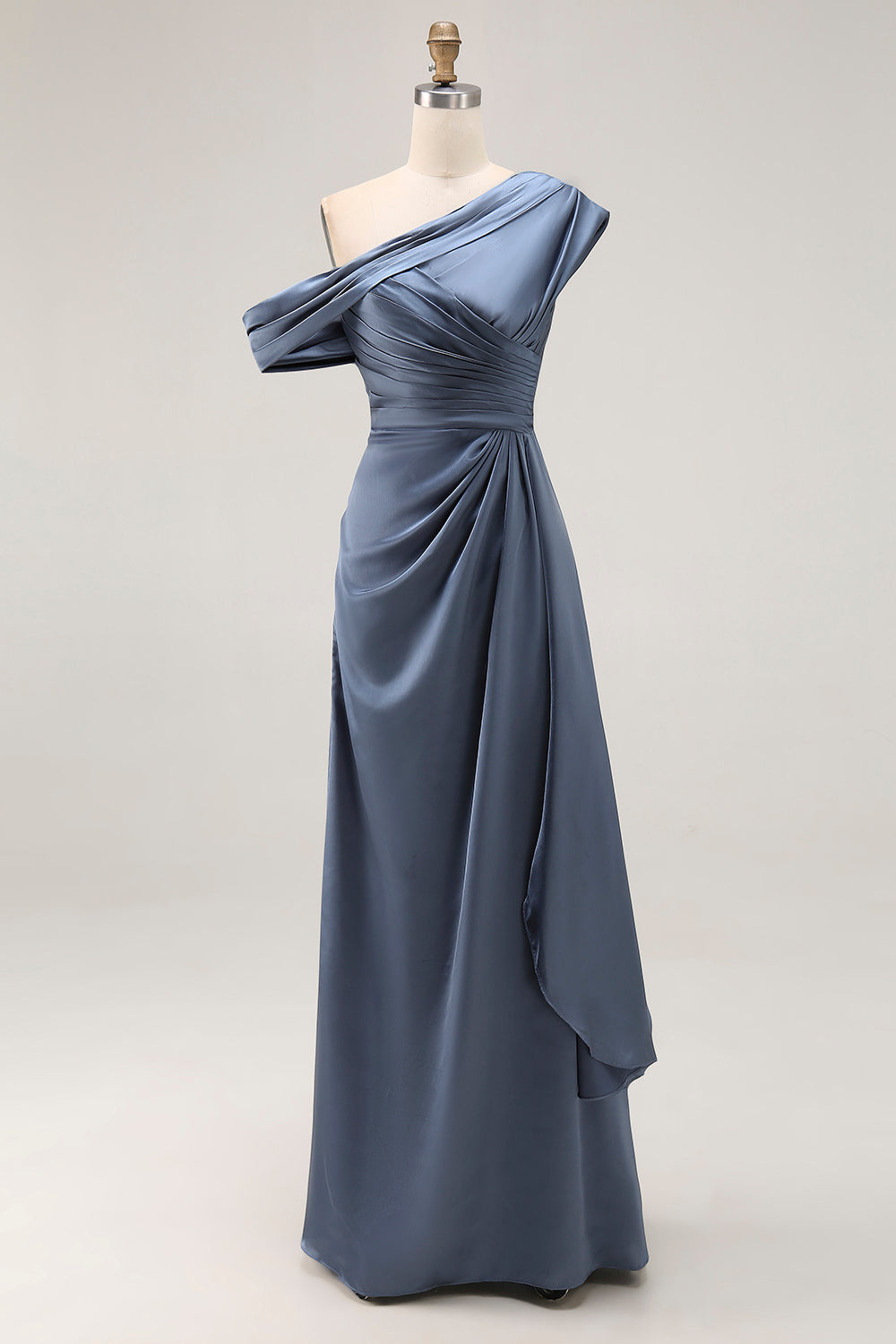 Mermaid Grey Blue One Shoulder Satin Ruched Formal Dress with Ruffles