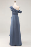 Mermaid Grey Blue One Shoulder Satin Ruched Formal Dress with Ruffles