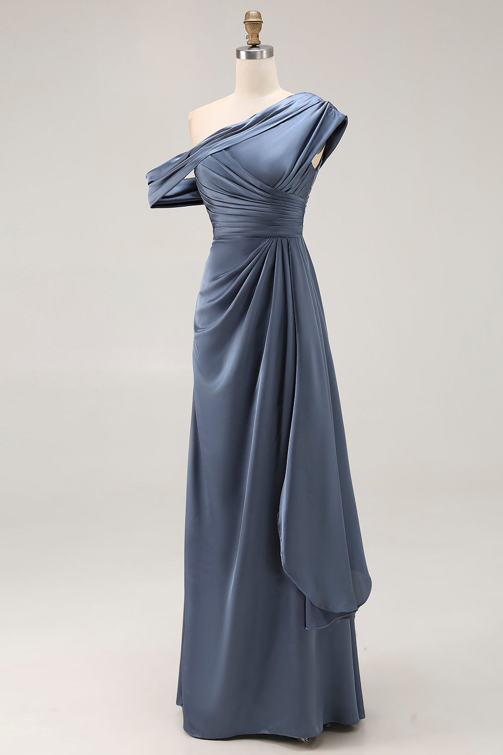 Zapaka Women Grey Blue Formal Dress with Ruffles Mermaid One Shoulder Satin Ruched Mother Of the Bride Dress, Grey Blue / US18W