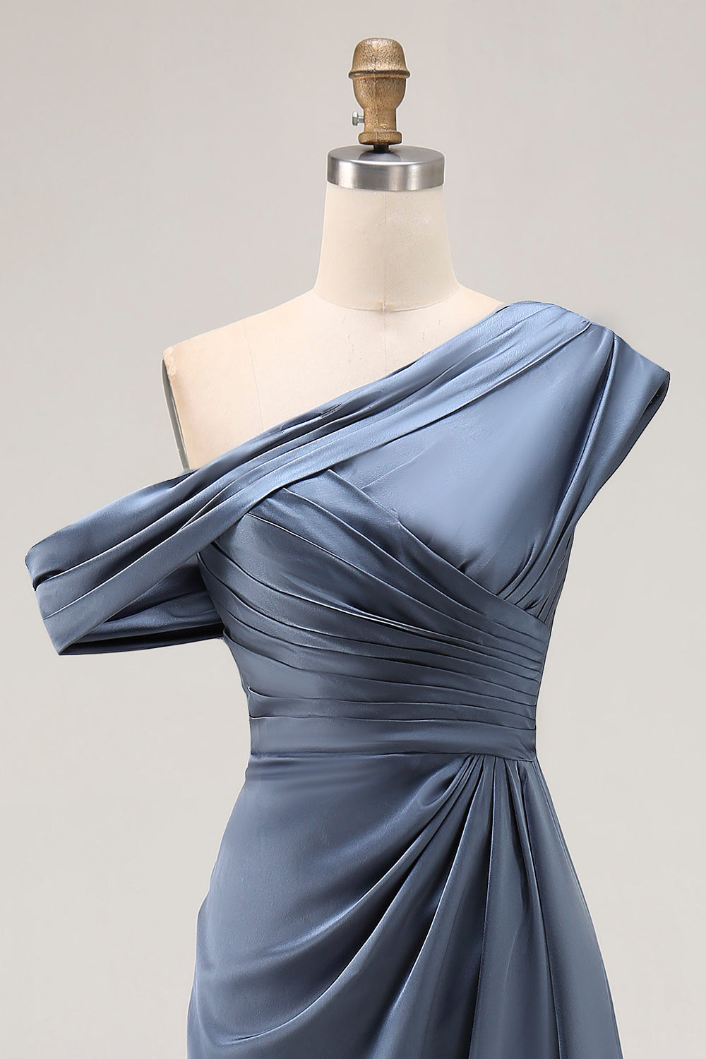 Grey Blue Mermaid Satin One Shoulder Ruched Formal Dress with Ruffles