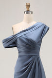 Grey Blue Mermaid Satin One Shoulder Ruched Formal Dress with Ruffles