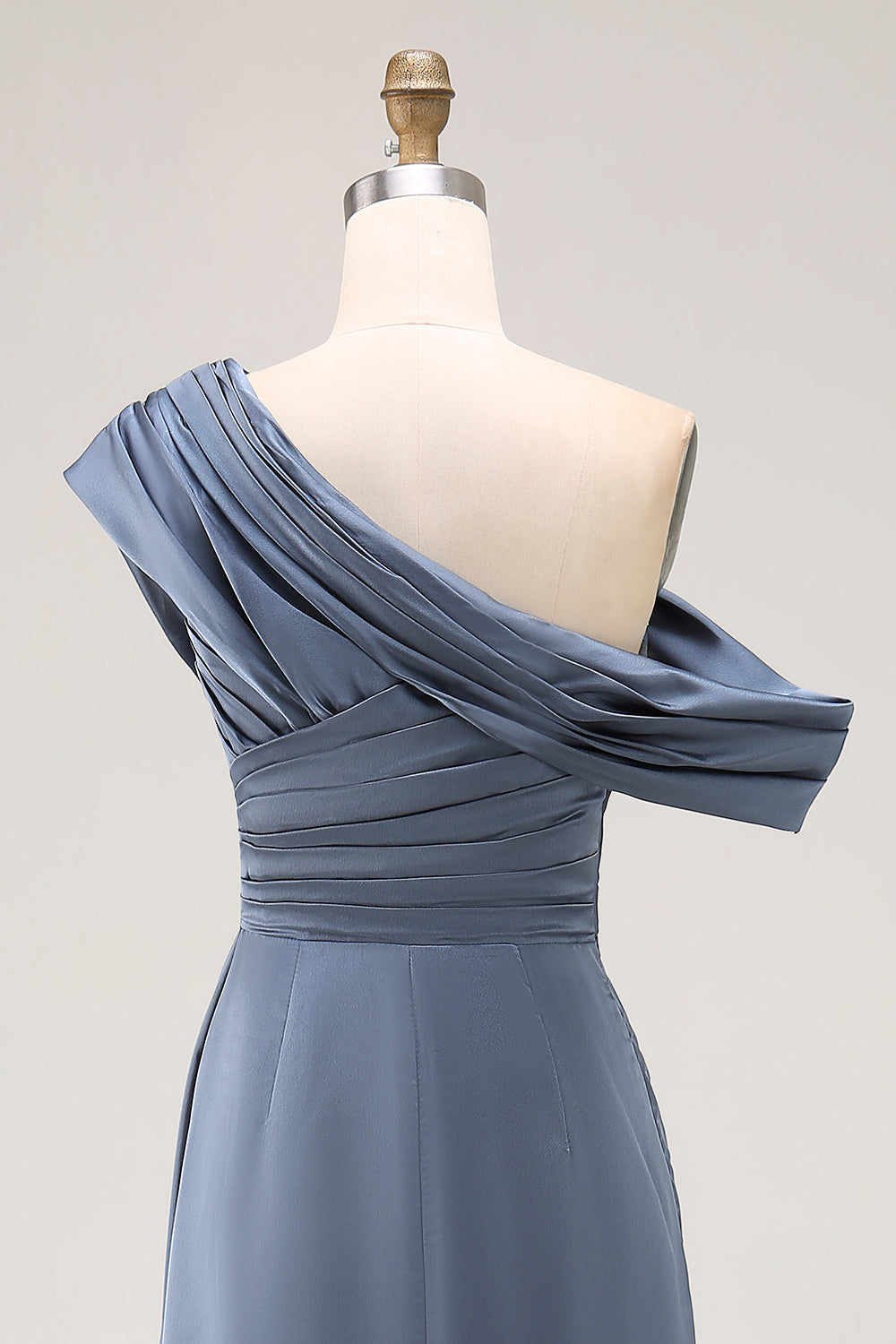 Grey Blue Mermaid Satin One Shoulder Ruched Formal Dress with Ruffles