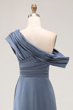 Grey Blue Mermaid Satin One Shoulder Ruched Formal Dress with Ruffles