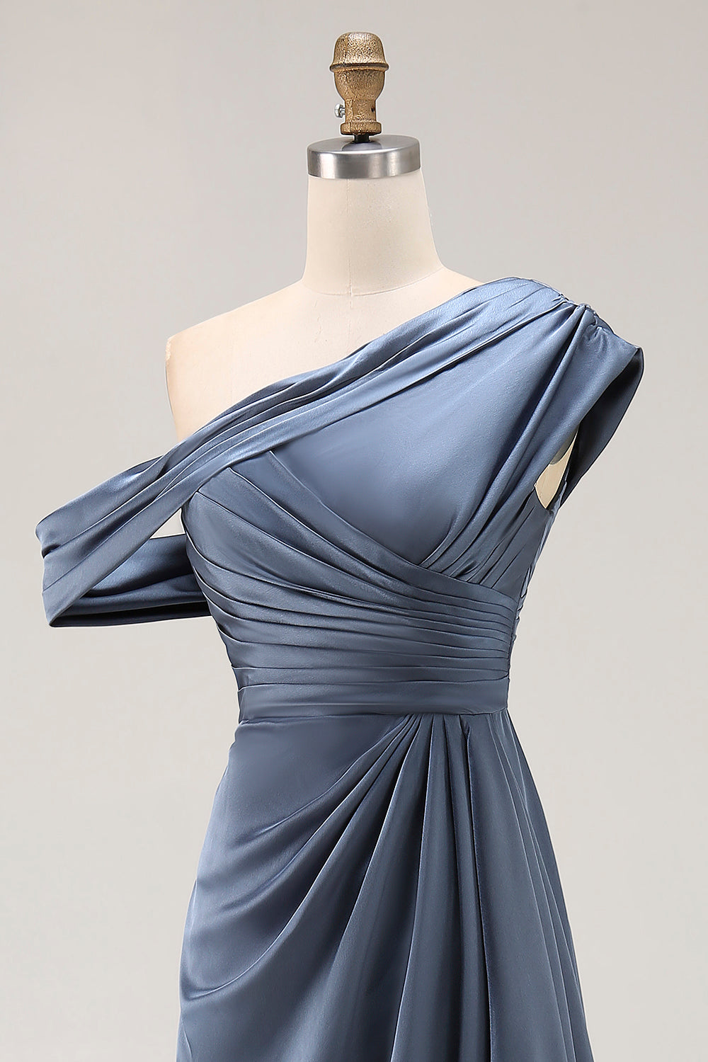 Grey Blue Mermaid Satin One Shoulder Ruched Formal Dress with Ruffles