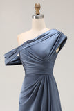 Grey Blue Mermaid Satin One Shoulder Ruched Formal Dress with Ruffles