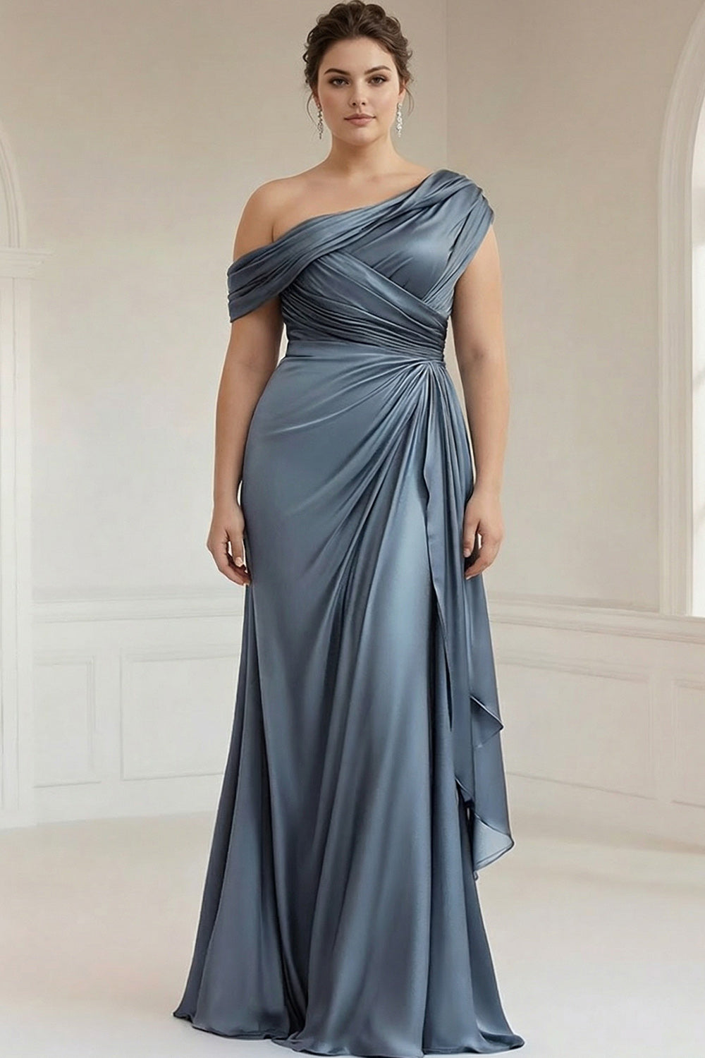 Plus Size Grey Blue Mermaid Ruched One Shoulder Satin Formal Dress with Ruffles