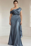 Grey Blue Mermaid Satin One Shoulder Ruched Formal Dress with Ruffles