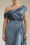 Plus Size Grey Blue Mermaid Ruched One Shoulder Satin Formal Dress with Ruffles